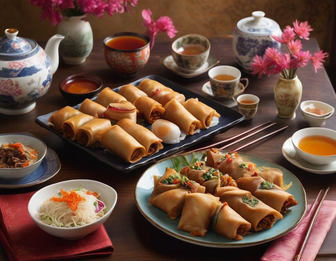 A vibrant table setting showcasing a feast of diverse Asian dishes, including colorful egg rolls and sizzling stir fry, surrounded by traditional chopsticks, tea cups, and ornate china. Soft ambient lighting highlights the dishes, creating an inviting atmosphere. The background features a subtle Asian-inspired motif, adding a cultural touch. super-realistic. vibrant colors. warm lighting.