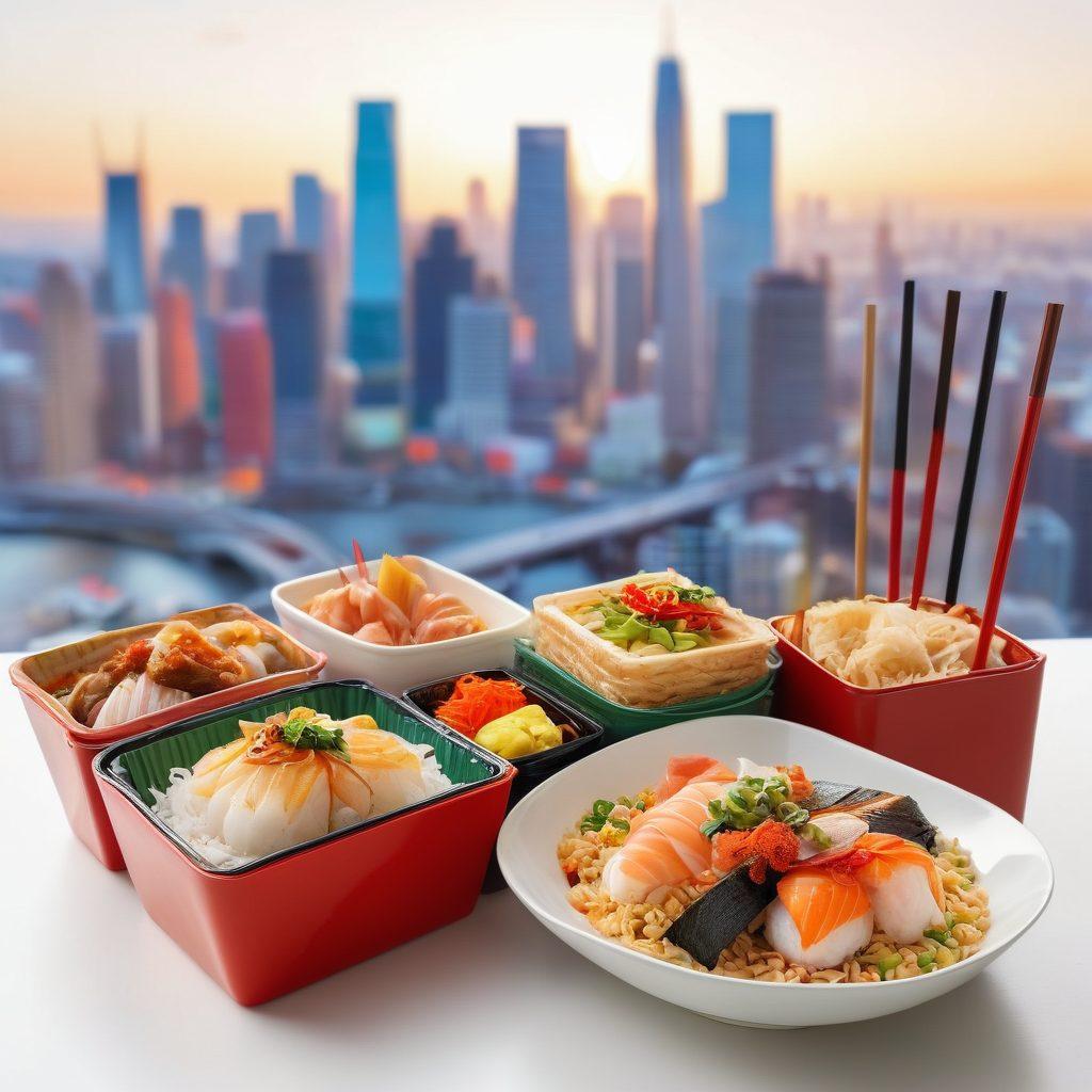 A colorful arrangement of various Asian takeout dishes, including sushi, ramen, dumplings, and fried rice, presented beautifully in vibrant containers. Add elements like chopsticks and a takeout bag subtly in the background, with a blurred cityscape hinting at urban convenience. The atmosphere should be lively and appetizing. super-realistic. vibrant colors. white background.