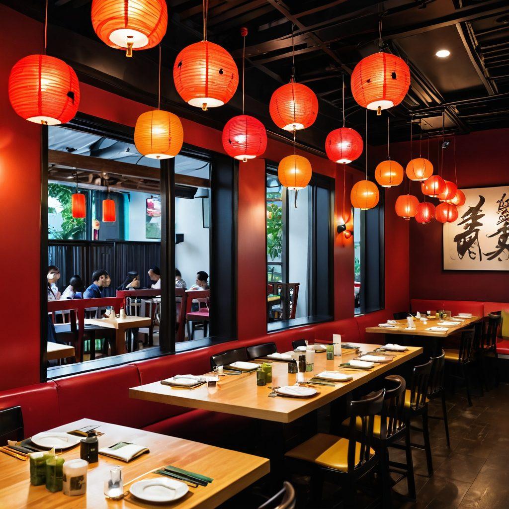 A bustling Asian restaurant with a modern, vibrant atmosphere. Show a diverse group of people enjoying various quick service Asian dishes, like sushi, dumplings, and pho, at colorful tables. Include an enticing display of fresh ingredients and a friendly staff member serving food with a smile. Add decorations inspired by Asian culture, such as lanterns and calligraphy. super-realistic. vibrant colors.